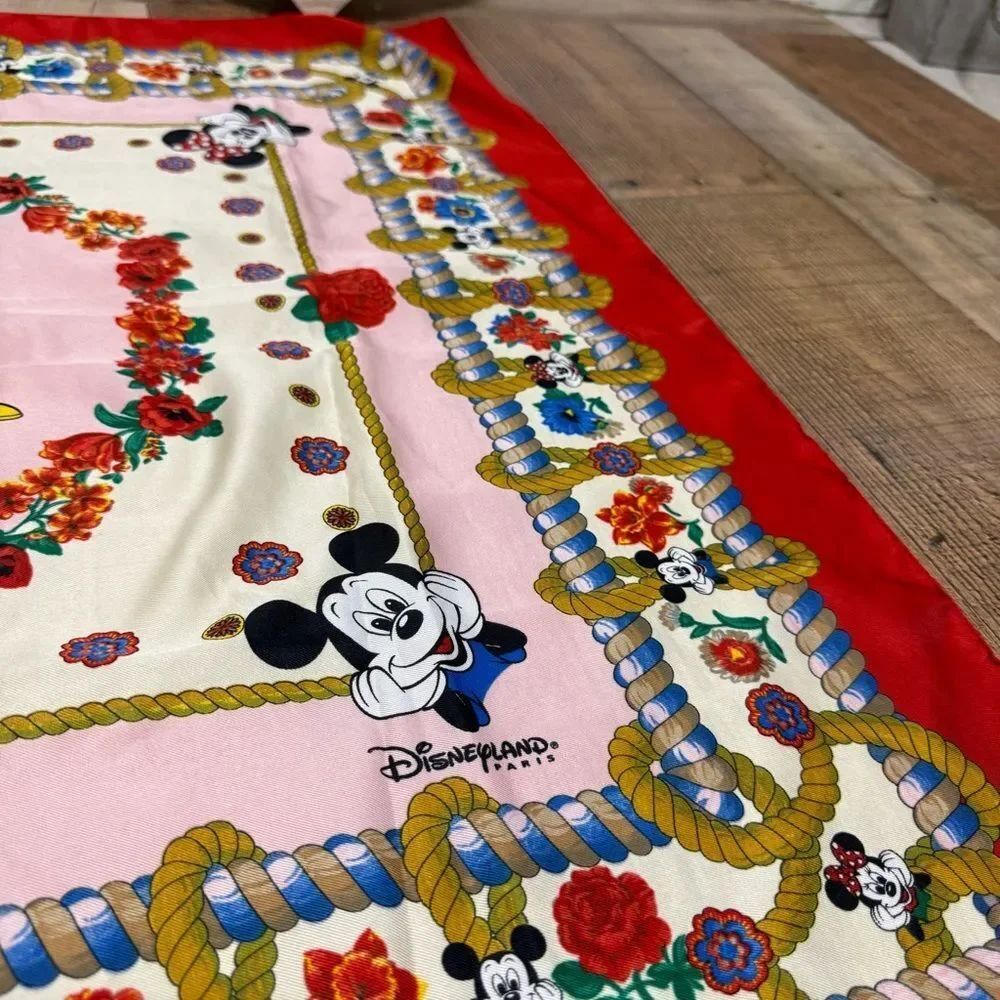 DISNEY PARKS PARIS SCARF 35" x 33” Disneyland Mickey Minnie Ropes Floral - Picture 3 of 10
